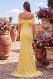 Yellow Mermaid Off the Shoulder Sequins Prom Dress with Slit