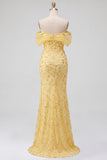 Yellow Mermaid Off the Shoulder Sequins Prom Dress with Slit