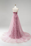 Pink Sequins Mermaid Strapless Detachable Tulle Draped Long Prom Dress with Slit