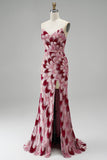 Pink Sequins Mermaid Strapless Detachable Tulle Draped Long Prom Dress with Slit