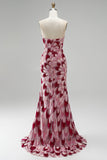Pink Sequins Mermaid Strapless Detachable Tulle Draped Long Prom Dress with Slit