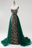 Dark Green Mermaid Sequins Strapless Beaded Long Pageant Dress with Detachable Tulle Draping