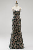 Dark Green Mermaid Sequins Strapless Beaded Long Pageant Dress with Detachable Tulle Draping