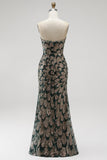 Dark Green Mermaid Sequins Strapless Beaded Long Pageant Dress with Detachable Tulle Draping