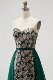 Dark Green Mermaid Sequins Strapless Beaded Long Pageant Dress with Detachable Tulle Draping