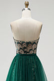 Dark Green Mermaid Sequins Strapless Beaded Long Pageant Dress with Detachable Tulle Draping