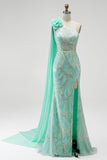 Green One Shoulder Mermaid Sequins Beaded 3D Flower Tulle Draped Long Pageant Dress with Slit