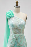 Green One Shoulder Mermaid Sequins Beaded 3D Flower Tulle Draped Long Pageant Dress with Slit