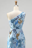 Sparkly One Shoulder Sequins Mermaid Beaded Blue Long Prom Dress