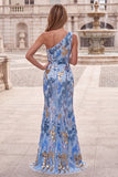 Sparkly One Shoulder Sequins Mermaid Beaded Blue Long Prom Dress