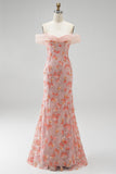 Pink Off the Shoulder Mermaid Appliques Sequins Long Prom Dress with Beading