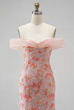 Pink Off the Shoulder Mermaid Appliques Sequins Long Prom Dress with Beading