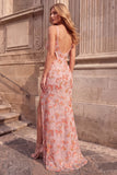 Pink Floral Embroidery Mermaid Sequins Cut Out Spaghetti Straps Long Prom Dress with Slit