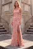 Pink Square Neck Floral Embroidery Mermaid Spaghetti Straps Long Prom Dress with Slit