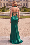 Dark Green Halter Satin Mermaid Long Prom Dress with Beading