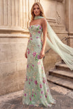 Light Green Mermaid Sequins Floral Strapless Long Prom Dress with Chiffon Sash