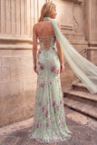 Light Green Mermaid Sequins Floral Strapless Long Prom Dress with Chiffon Sash