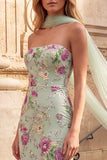 Light Green Mermaid Sequins Floral Strapless Long Prom Dress with Chiffon Sash
