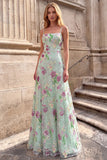 Light Green A-Line Floral Sequins Spaghetti Straps Long Prom Dress