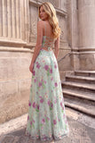 Light Green A-Line Floral Sequins Spaghetti Straps Long Prom Dress