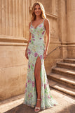Light Green Mermaid V-Neck Sequins Beaded Long Prom Dress with Slit