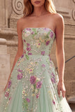Light Green Sequins Floral A-Line Tulle Strapless Long Prom Dress