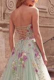 Light Green Sequins Floral A-Line Tulle Strapless Long Prom Dress