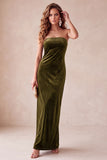 Olive Velvet Sheath Strapless Long Holiday Party Dress