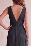 Black A-Line V-Neck Pleated Long Wedding Guest Dress