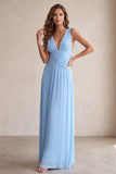 Black A-Line V-Neck Pleated Long Wedding Guest Dress