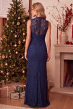 Dark Blue Sheath High Neck Lace Long Wedding Guest Dress