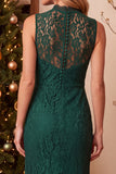 Dark Blue Sheath High Neck Lace Long Wedding Guest Dress