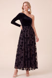 Black Velvet A-Line One Shoulder Floral Midi Holiday Party Dress