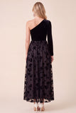 Black Velvet A-Line One Shoulder Floral Midi Holiday Party Dress