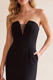 Black Sheath V-Neck Strapless Mesh Midi Wedding Guest Dress with Pockets