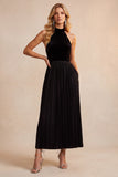 Black A-Line Velvet Halter Pleated Midi Holiday Party Dress with Pockets