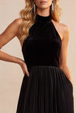 Black A-Line Velvet Halter Pleated Midi Holiday Party Dress with Pockets