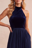 Black A-Line Velvet Halter Pleated Midi Holiday Party Dress with Pockets