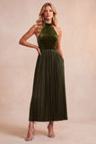 Black A-Line Velvet Halter Pleated Midi Holiday Party Dress with Pockets