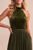 Black A-Line Velvet Halter Pleated Midi Holiday Party Dress with Pockets
