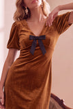 Dark Green Velvet Bodycon V-Neck Puff Short Sleeves Short Holiday Party Dress with Bow