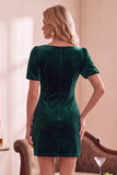 Dark Green Velvet Bodycon V-Neck Puff Short Sleeves Short Holiday Party Dress with Bow