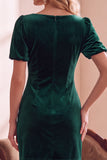 Dark Green Velvet Bodycon V-Neck Puff Short Sleeves Short Holiday Party Dress with Bow