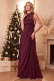 Burgundy A-Line High Neck Lace Chiffon Long Wedding Guest Dress