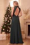 Burgundy A-Line High Neck Lace Chiffon Long Wedding Guest Dress