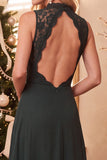Burgundy A-Line High Neck Lace Chiffon Long Wedding Guest Dress