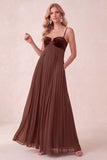 Coffee A-Line Sweetheart Pleated Maxi Dress with Pockets