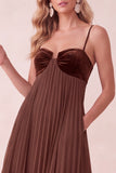 Coffee A-Line Sweetheart Pleated Maxi Dress with Pockets