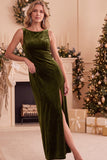Burgundy Velvet Sheath Bateau Neck Lace Long Holiday Party Dress with Slit