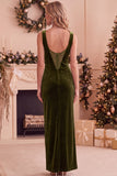 Burgundy Velvet Sheath Bateau Neck Lace Long Holiday Party Dress with Slit